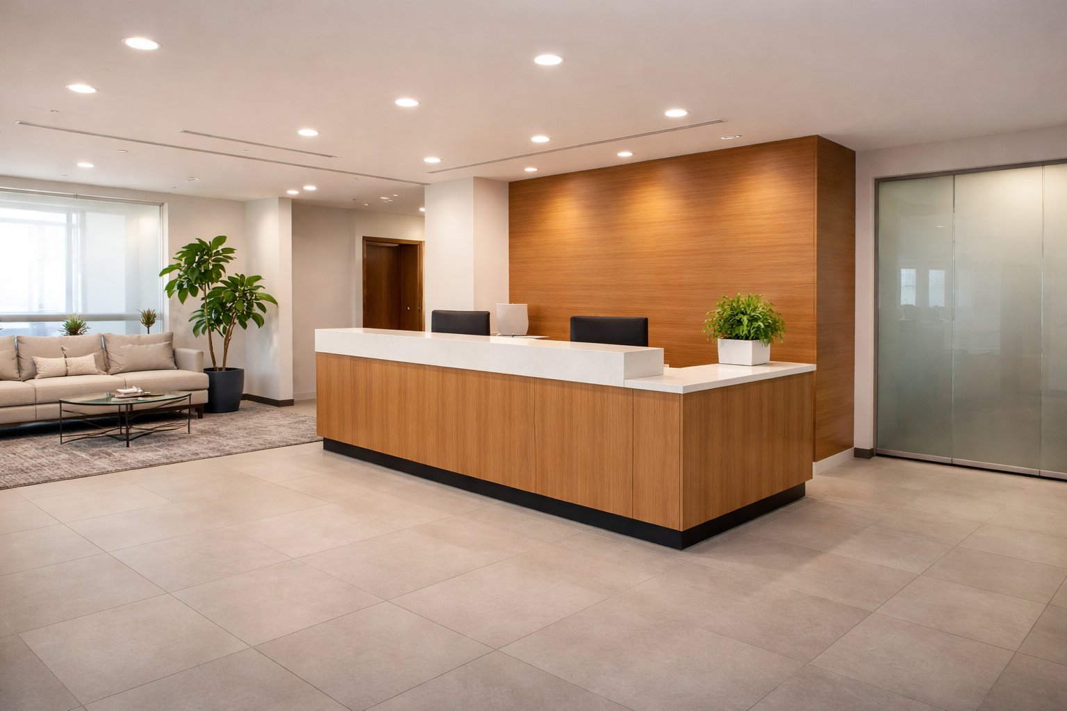 Professional cleaning team maintaining a bright, modern office reception