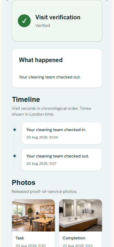 JimJam mobile visit record showing a GPS-verified clean with timeline and photo evidence