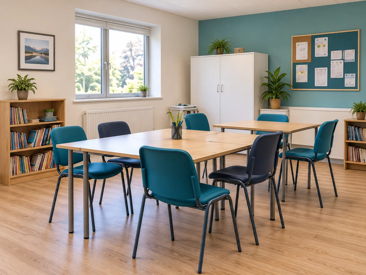 Welcoming community activity room with tables, chairs and practical storage